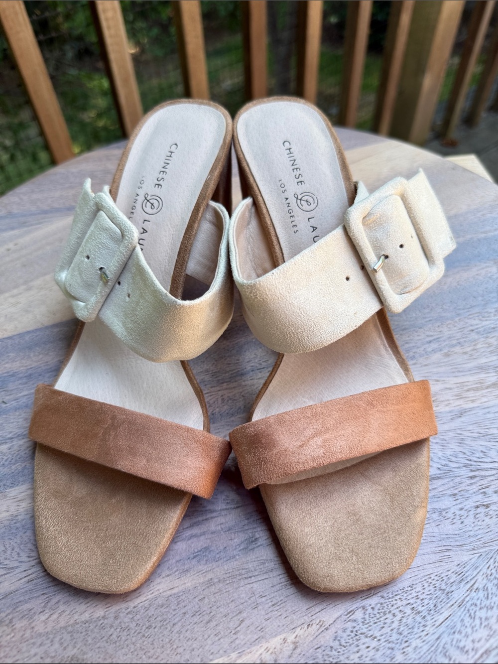 Chinese Laundry Two-Tone Suede Slide Mules in Cream & Tan